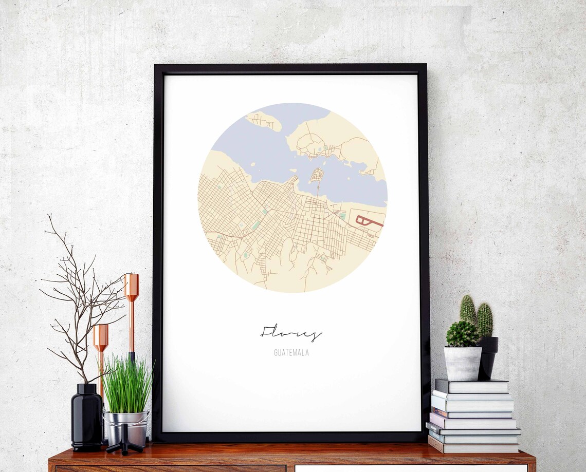 Flores Guatemala Map Poster, Vintage Retro Travel Art