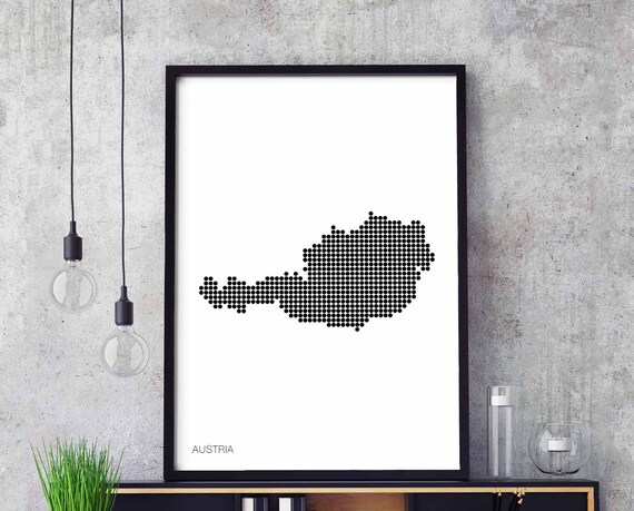 Austria Minimal Dots Retro Map Poster Black White Wall Decor Design Modern Swiss Scandinavian Nordic Housewarming Travel Bedroom