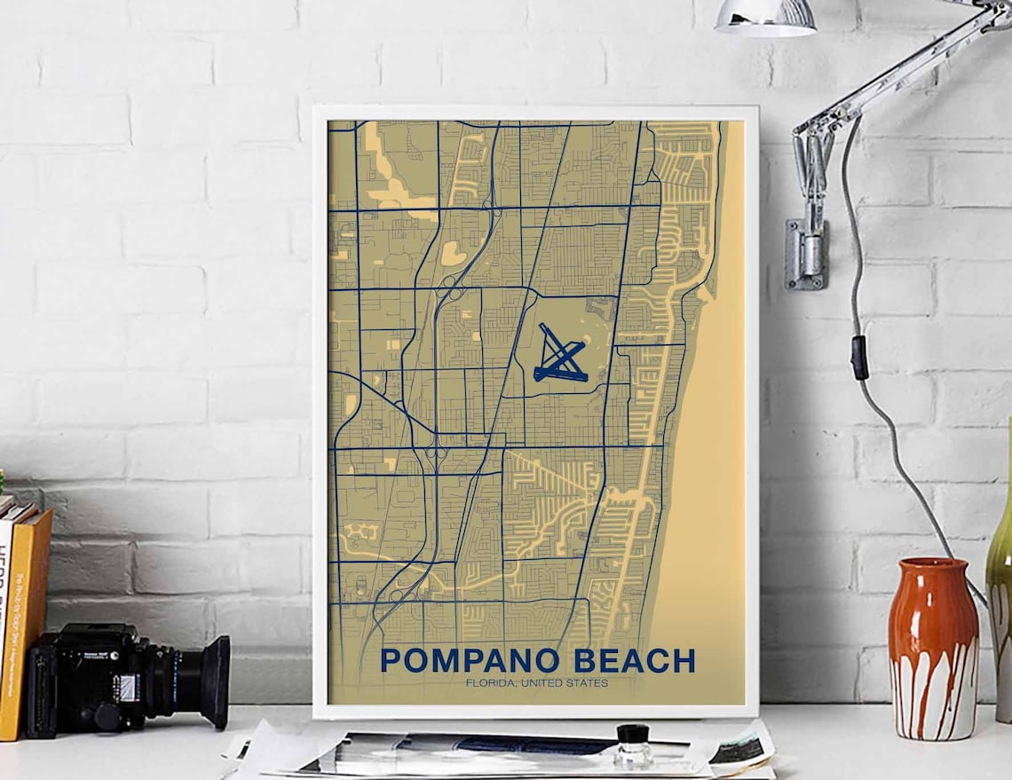 Pompano Beach Florida Navy Cream Minimal City Map Art Poster