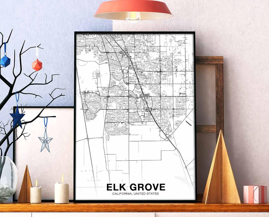Modern Elk Grove California Black and White City Street Map Poster