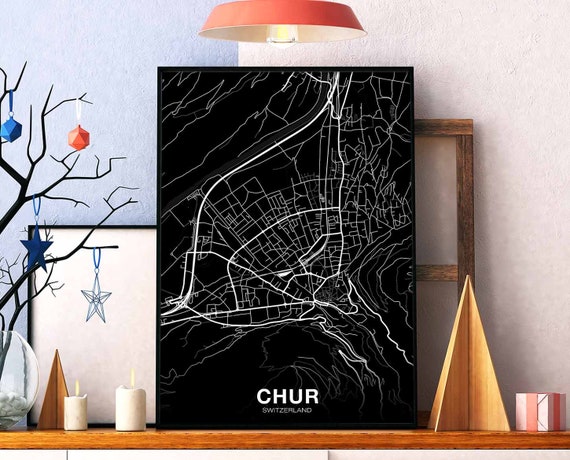 Chur Switzerland Map Poster Black White Hometown City Print Modern Home Decor Office Decoration Wall Art Dorm Bedroom Gift