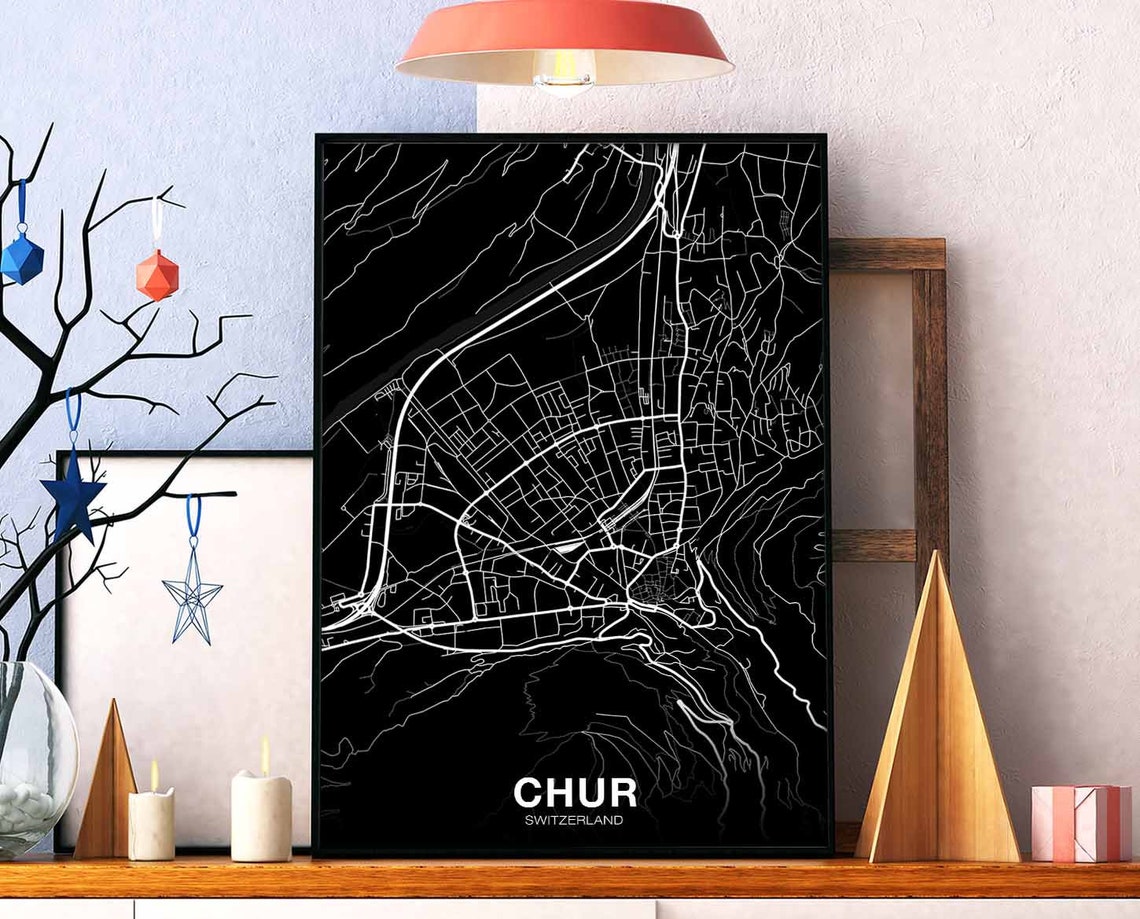 Chur Switzerland City Map White Line Black Background Poster