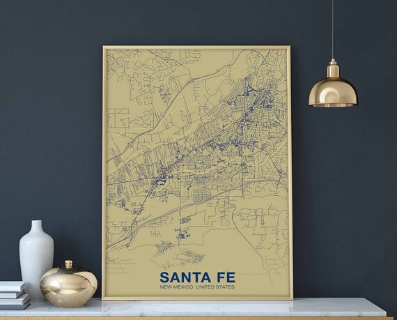 Santa Fe New Mexico Full Bleed Beige Blue City Street Map Poster