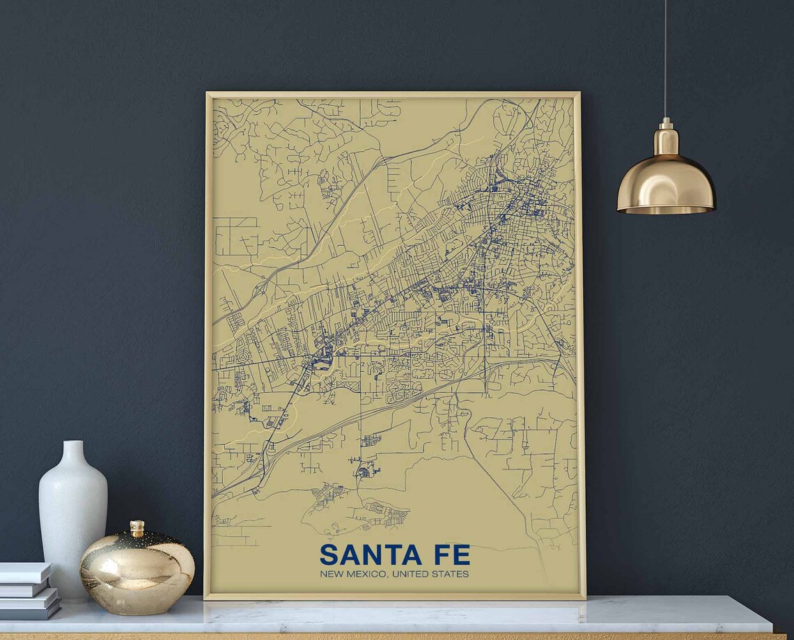 Santa Fe New Mexico Full Bleed Beige Blue City Street Map Poster
