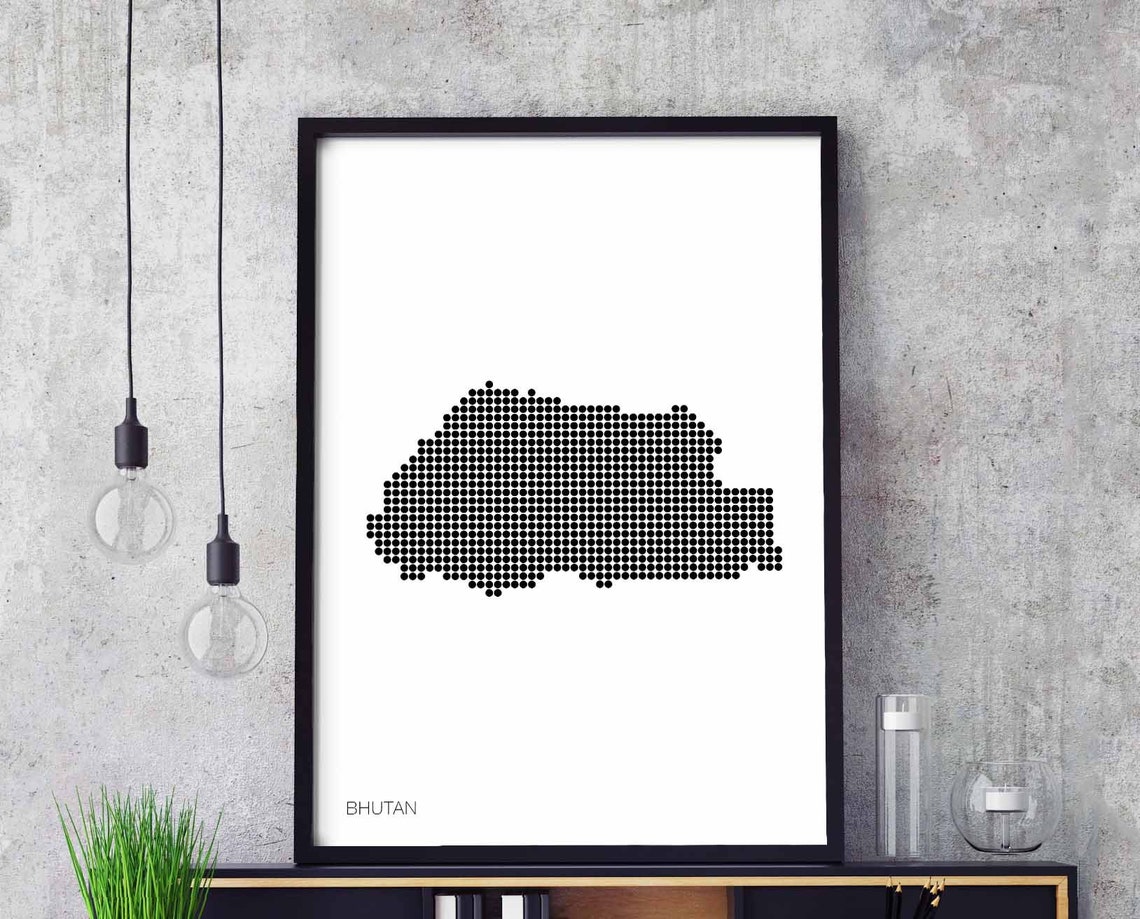Bhutan Dotted Map Minimalist Black White Country Wall Poster