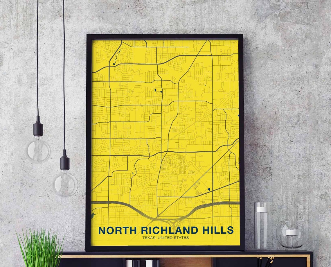 North Richland Hills Texas Bold Yellow City Map Poster Decor