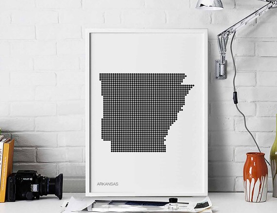 Arkansas Us State Minimal Dots Retro Map Poster Black White Wall Decor Design Modern Swiss Scandinavian Nordic Housewarming Travel