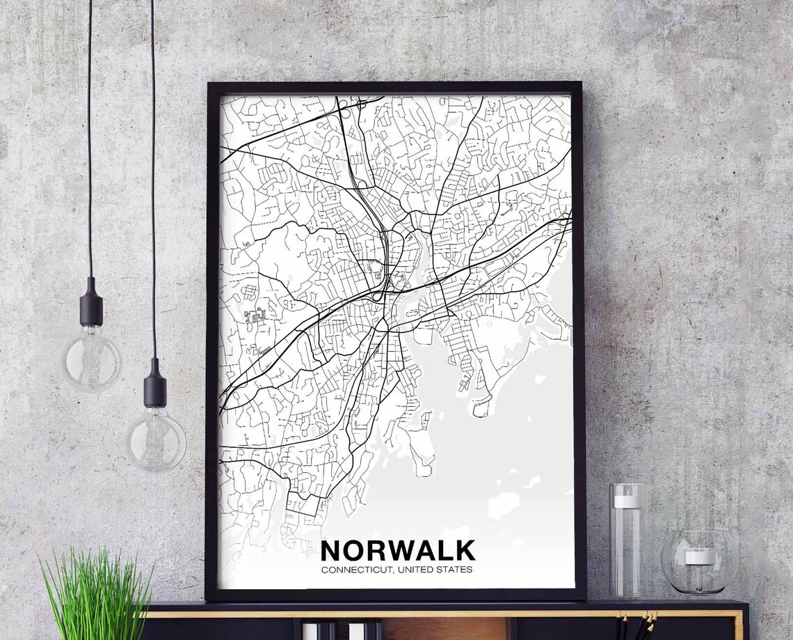 Norwalk Connecticut City Map Black White Minimalist Home Decor Poster