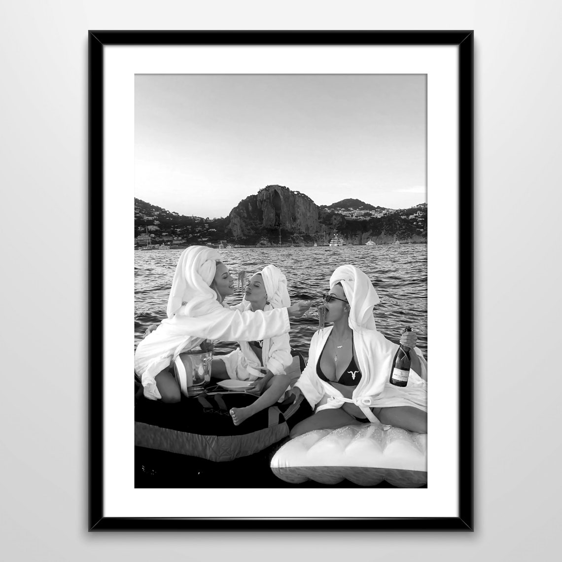 Three Girlfriends Champagne Boat Day Black And White Photo Poster - Image 4