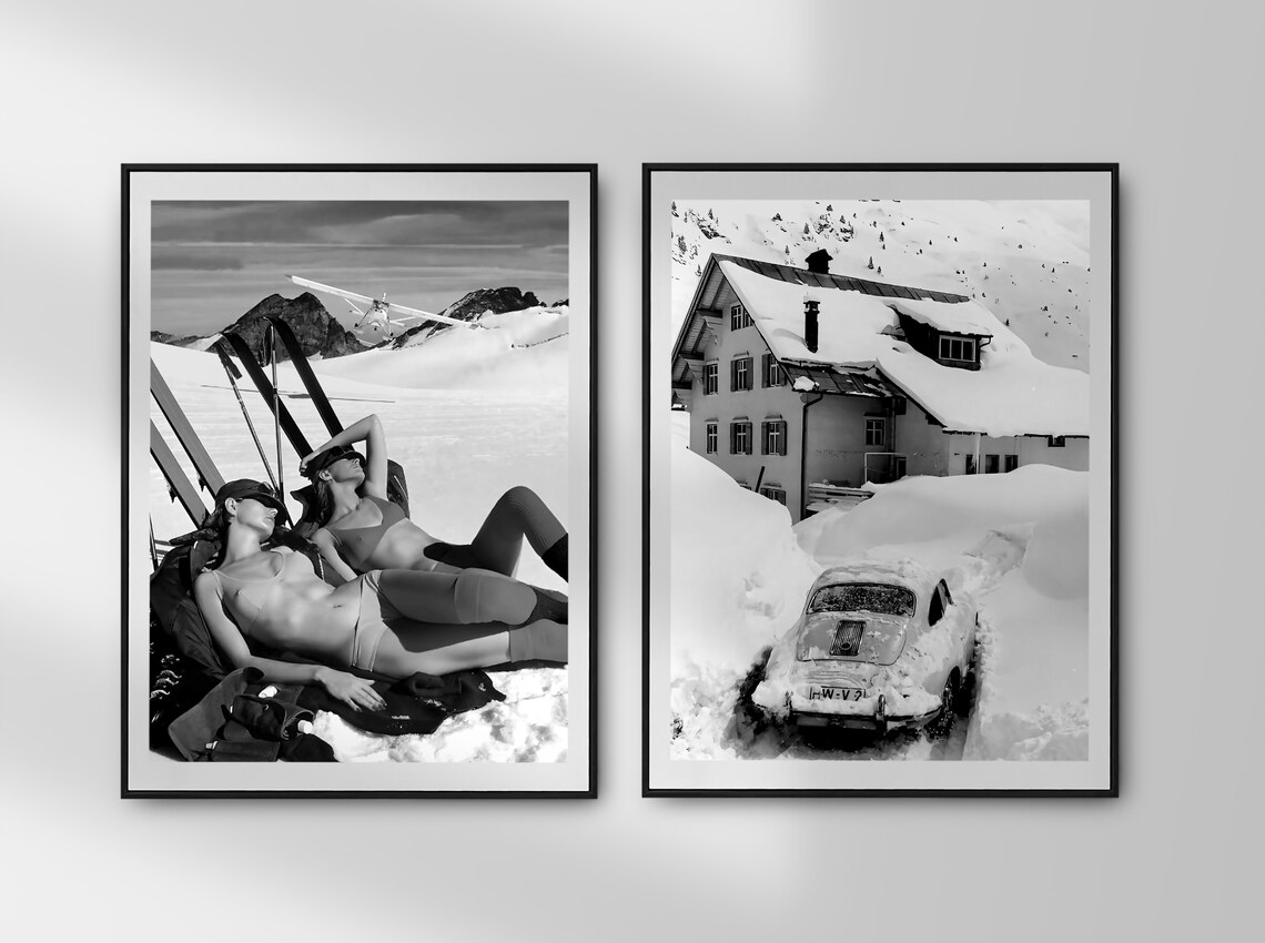 Vintage Bikini Ski Girls Black and White Ski Poster - Image 4