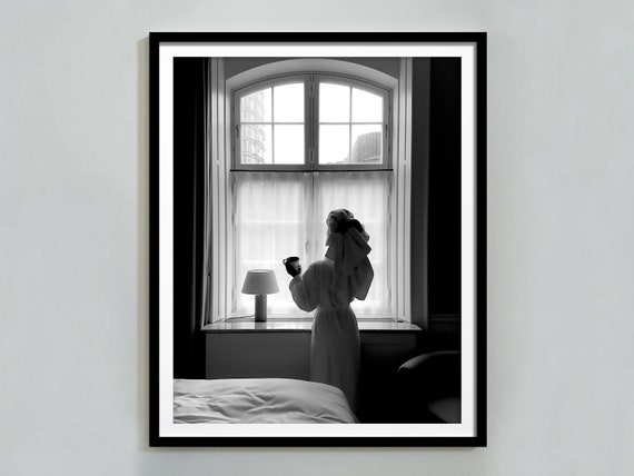 Woman Drinking Coffee In Window Print Fashion Poster Black And White Kitchen Wall Art Girls Bathroom Decor