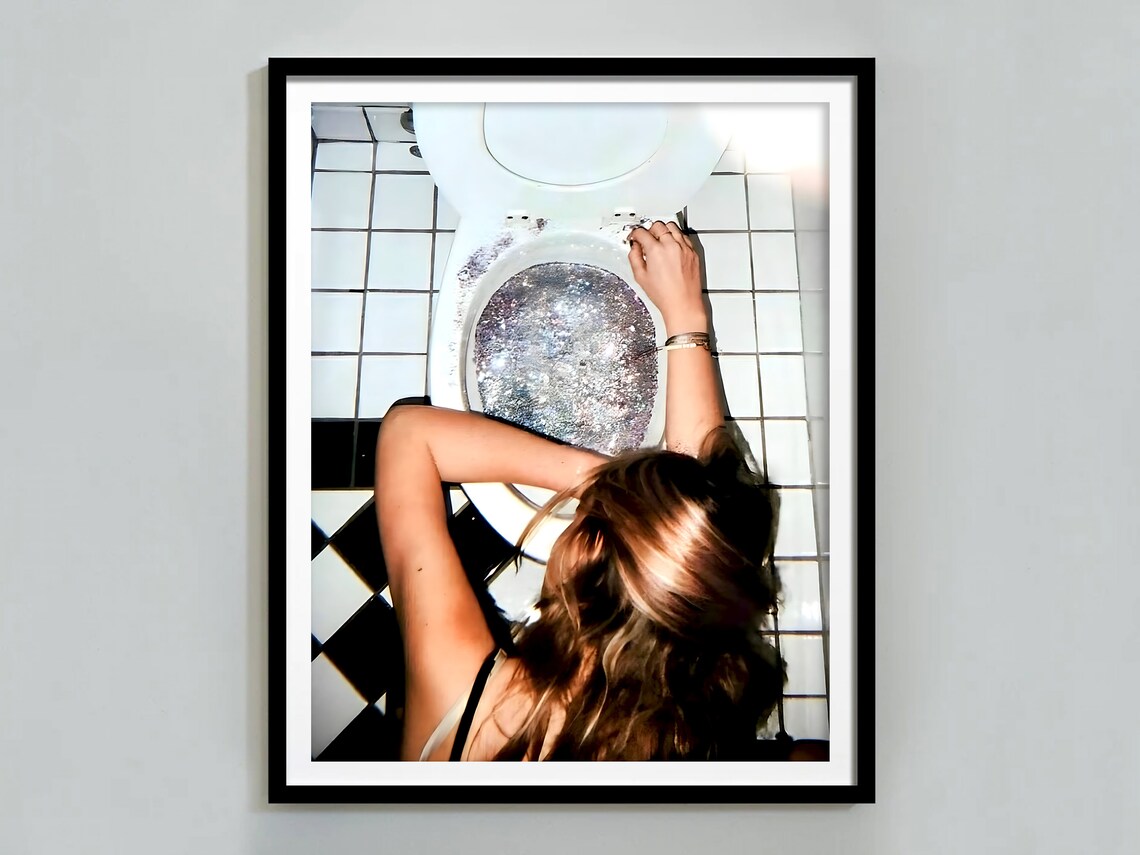 Girl In A Toilet Drinking Vintage Bathroom Poster