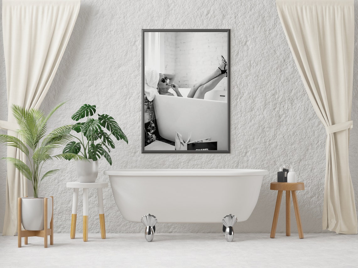 Woman Applying Lipstick In Bathtub Print Vintage Fashion Poster Black And White Bathroom Wall Art Girls Bathroom Decor - Image 4