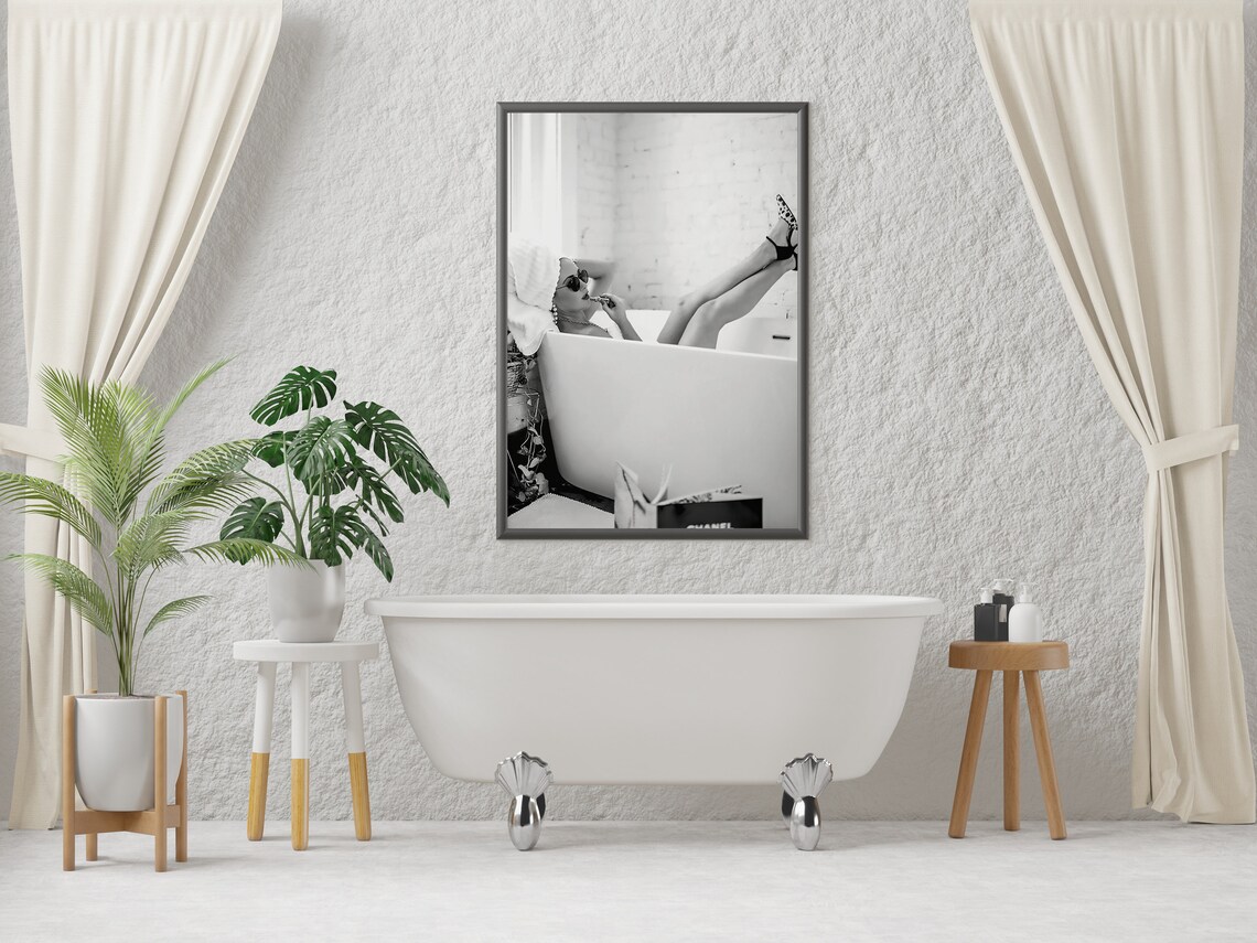 Woman Lounging in Bathtub With Chanel Bag Black and White Poster - Image 4