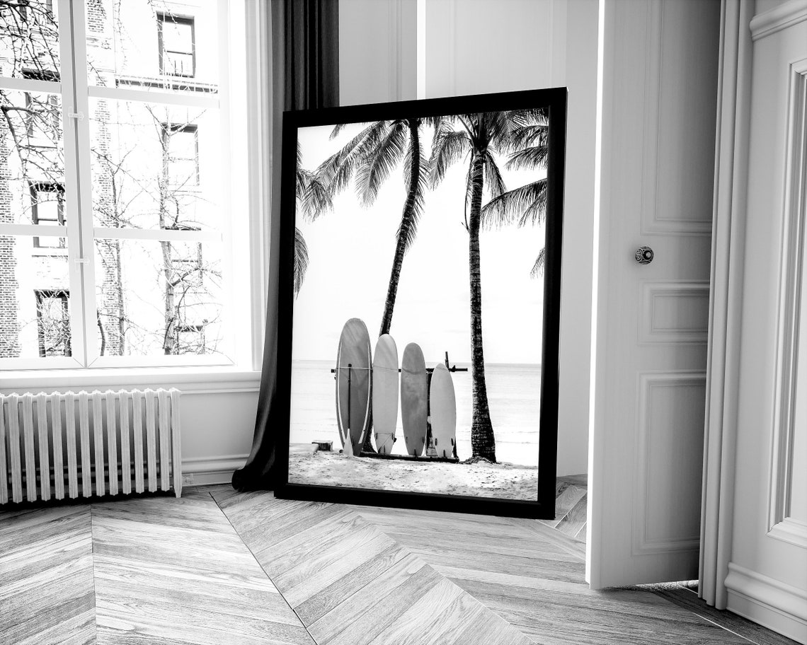 Surfboards Under Palm Trees Beach Black and White Surf Photo Poster - Image 2