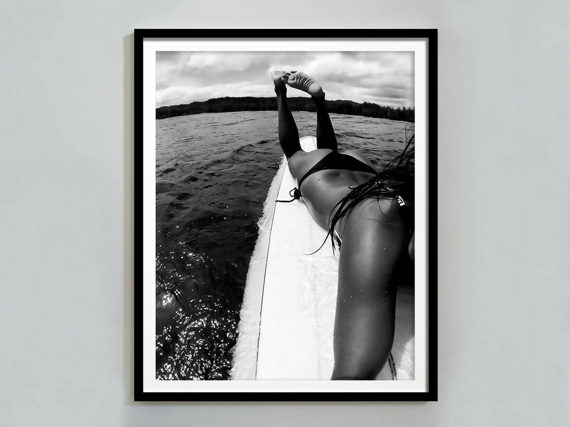 Woman Lying on Surfboard in the Ocean Black and White Surf Poster