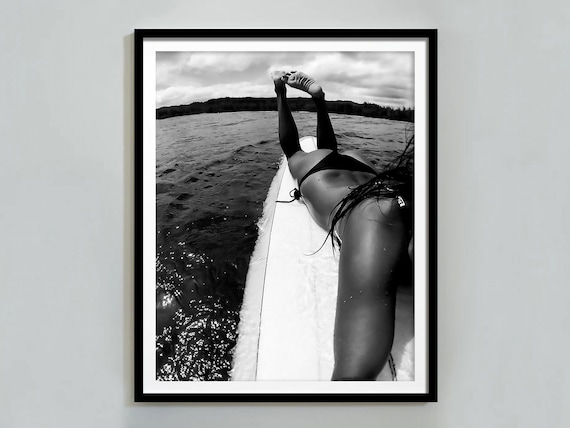 Woman Lying on Surfboard in the Ocean Black and White Surf Poster
