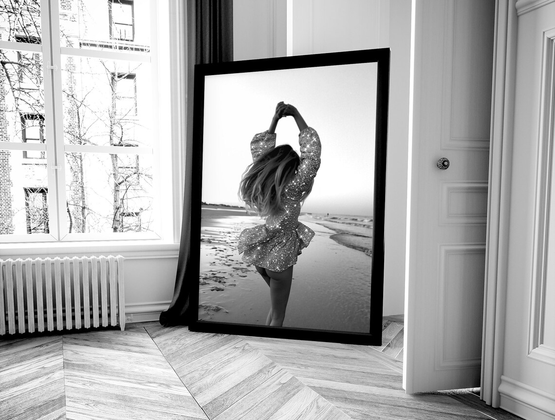 Woman Dancing on Beach in Sparkly Dress Black and White Photo Poster - Image 4