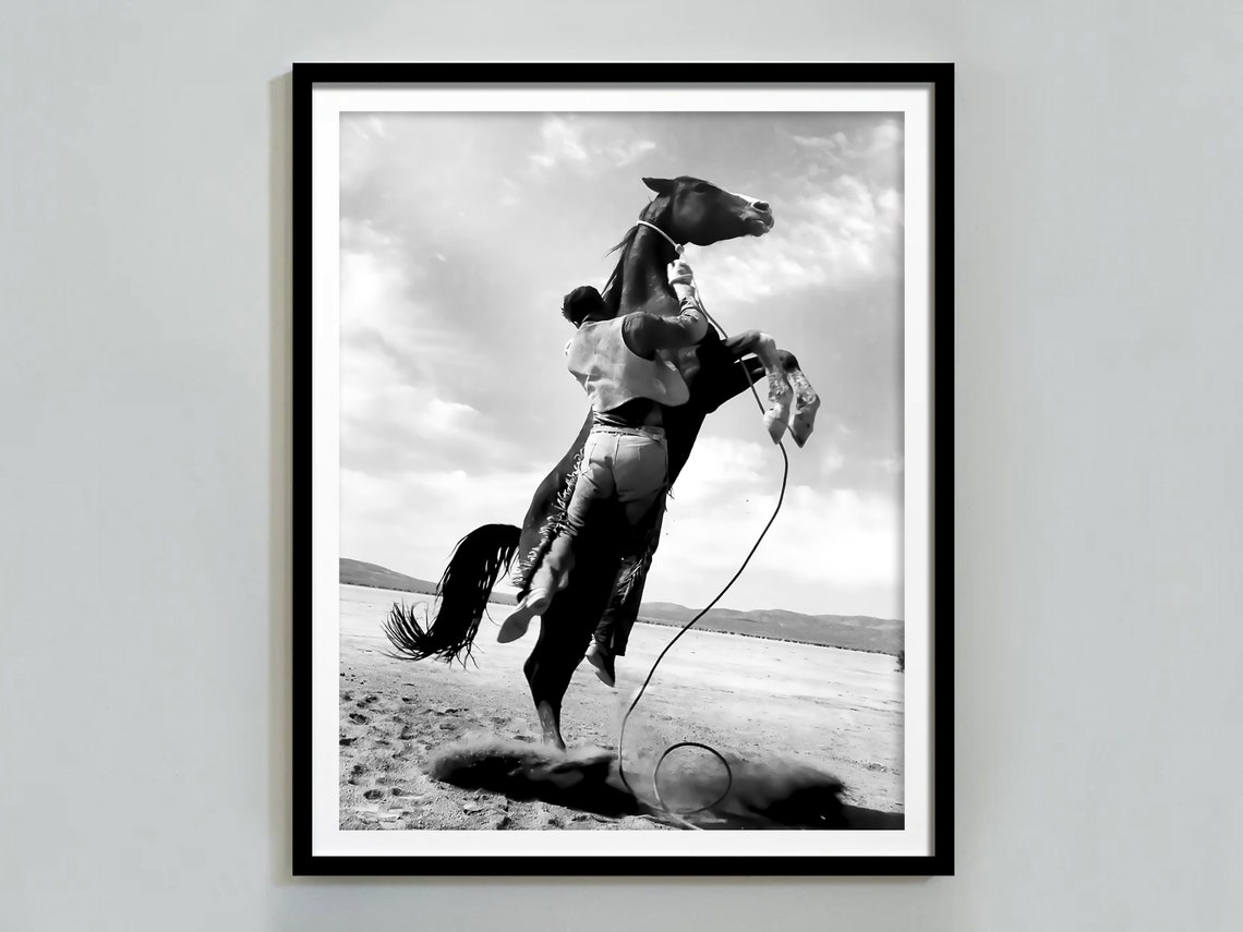 Cowboy Rearing Horse Rodeo Black White Western Action Poster