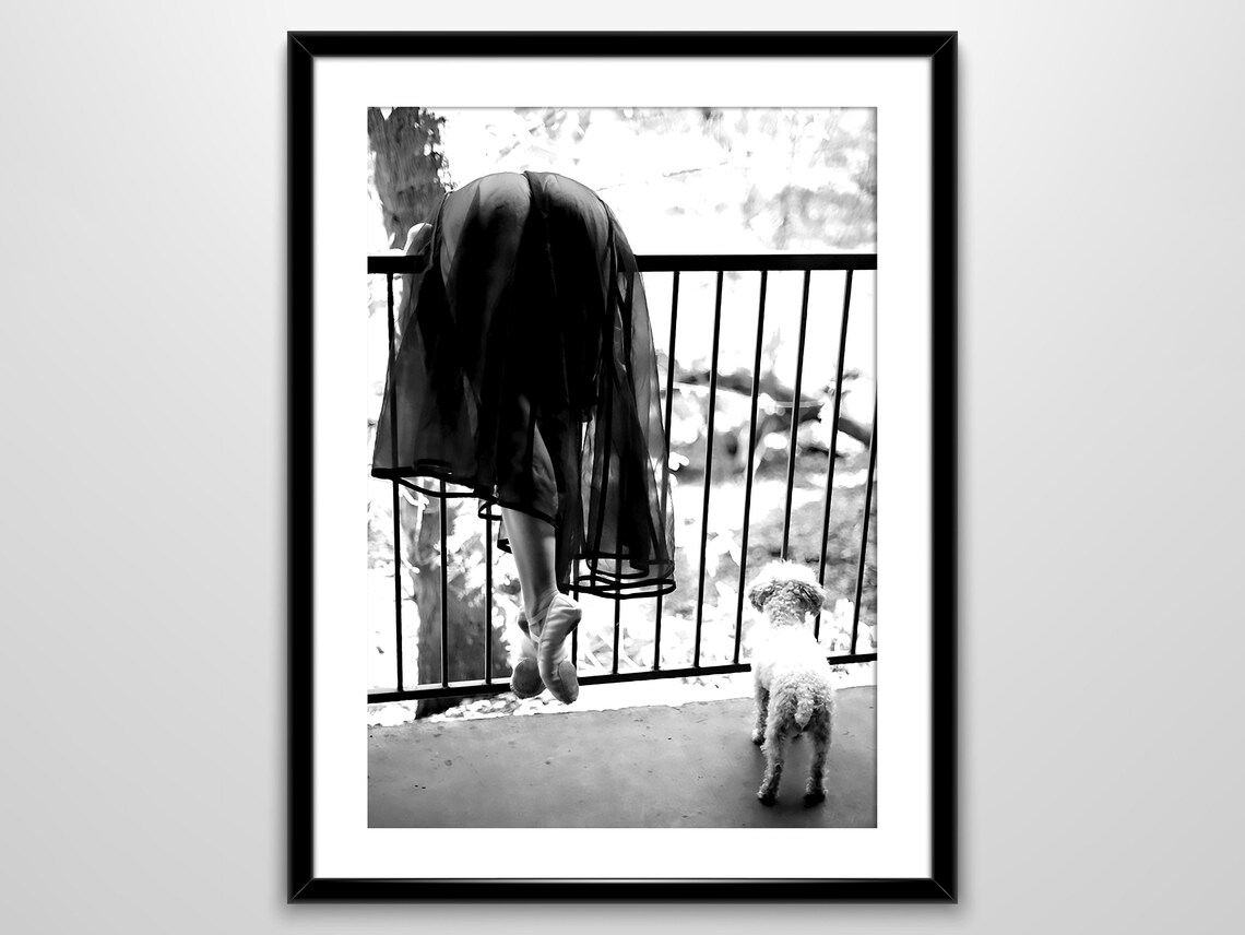 Woman In Sheer Dress On Balcony With Little Dog Black White Poster - Image 4