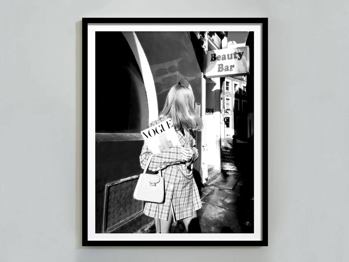 Blonde Woman With Vogue Magazine Outside Beauty Bar Photo Poster