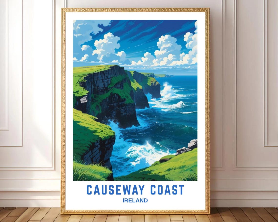 Causeway Coast Ireland Dramatic Sea Cliffs Ocean Waves Travel Poster