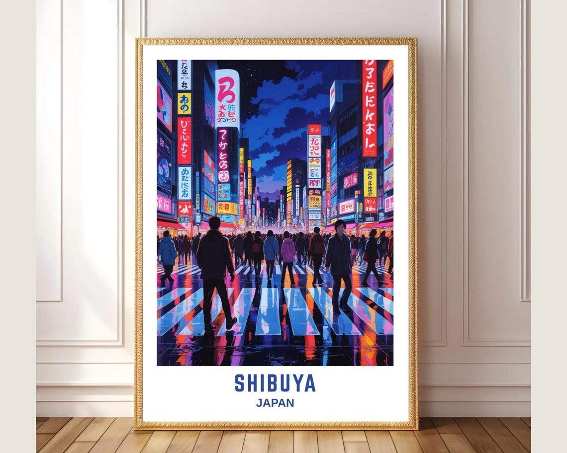 Shibuya Crossing Japan Wall Art Print Neon Tokyo Cityscape Poster Japanese Night Street Illustration Modern Urban Home Decor