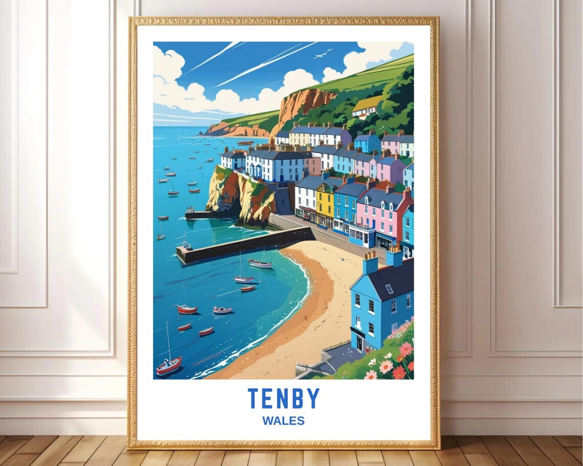 Tenby Wales Coastal Wall Art Print Colorful Seaside Village Nautical Travel Poster Of Uk Harbour Town