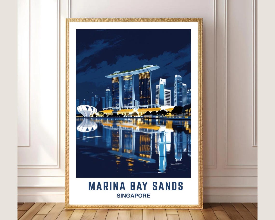 Marina Bay Sands Singapore Poster Night Skyline Water Reflection Art