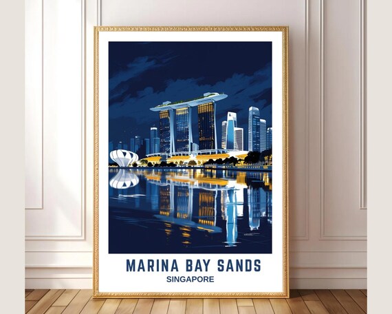 Marina Bay Sands Singapore Poster Night Skyline Water Reflection Art