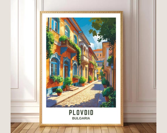Plovdiv Bulgaria Travel Poster Colorful Historic City Street Wall Art Print European Architecture Illustration