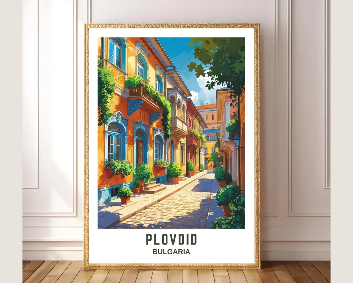 Plovdid Bulgaria Flower Lined Old Town Alley Balcony Travel Poster