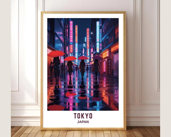 Tokyo Japan Neon Street Poster Rainy Night Red Umbrellas City Art