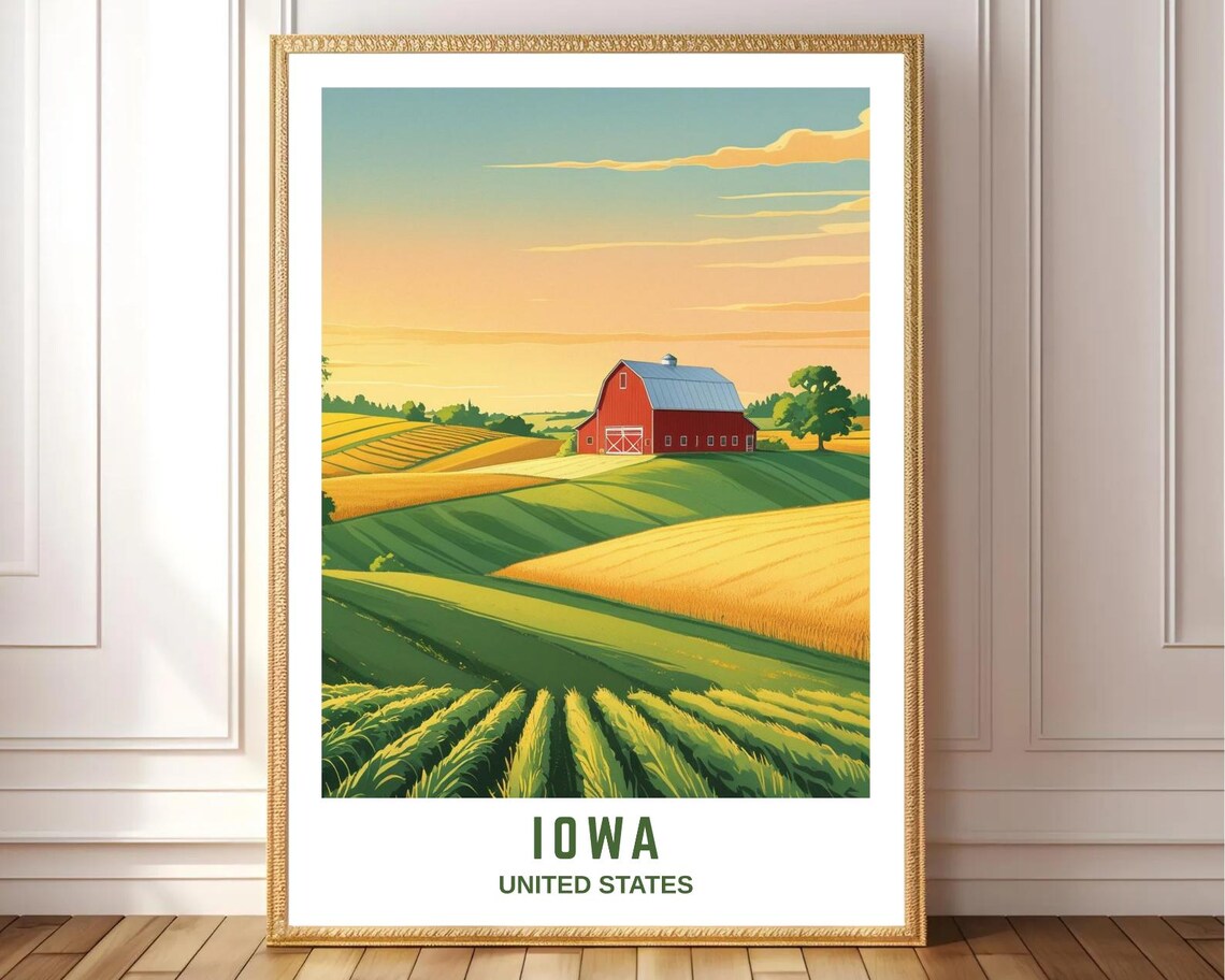 Iowa United States Vintage Red Barn Golden Wheat Sunset Farm Poster