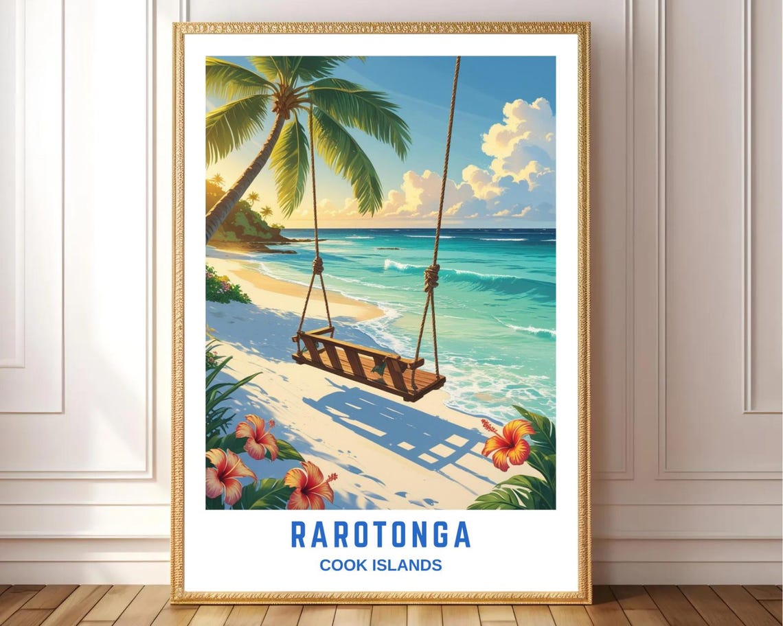 Rarotonga Cook Islands Beach Swing Palm Turquoise Water Travel Poster