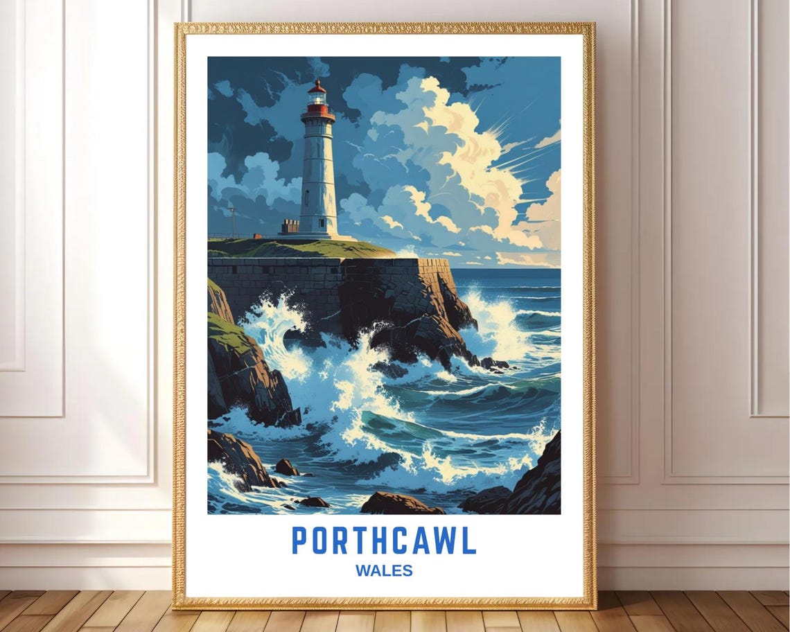 Porthcawl Wales Lighthouse Rocky Cliffs Waves Coastal Travel Poster