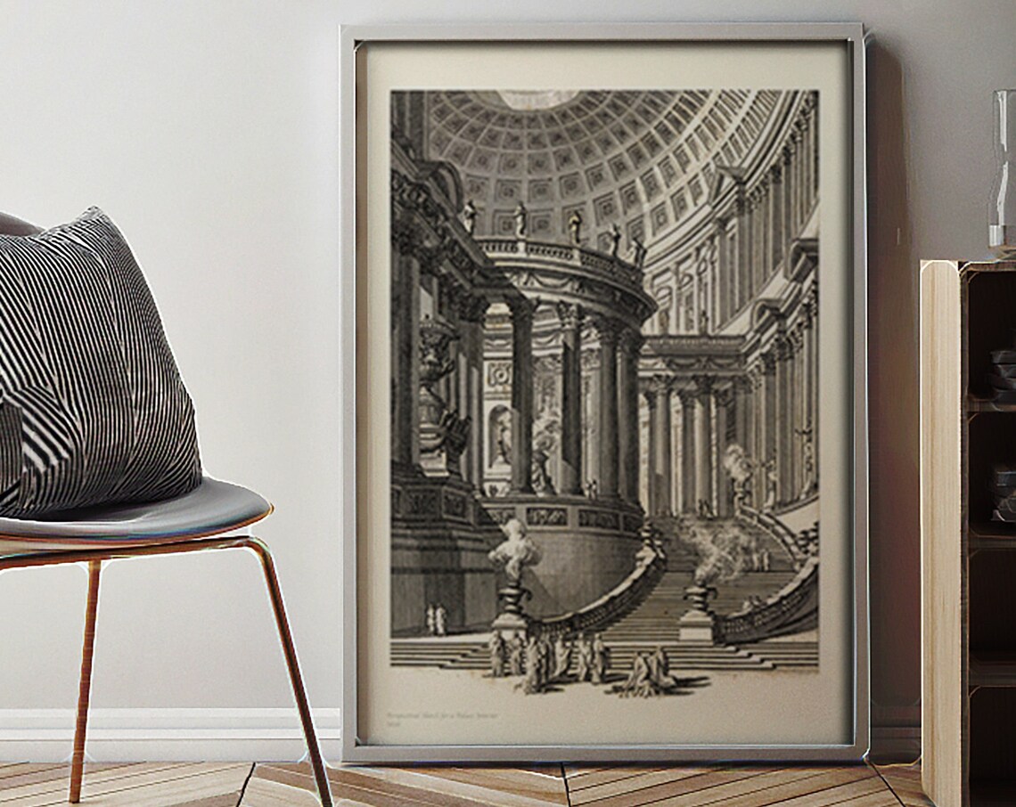 Antique Grand Palace Interior Perspective Engraving Art Print