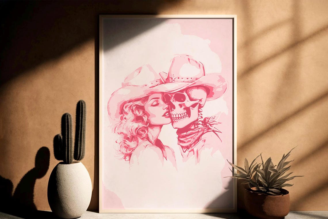 Pink Western Lovers Valentines Print Rodeo Poster Preppy Western Wall Art Cowgirl Print Western Wall Art Sketch Art Western Poster