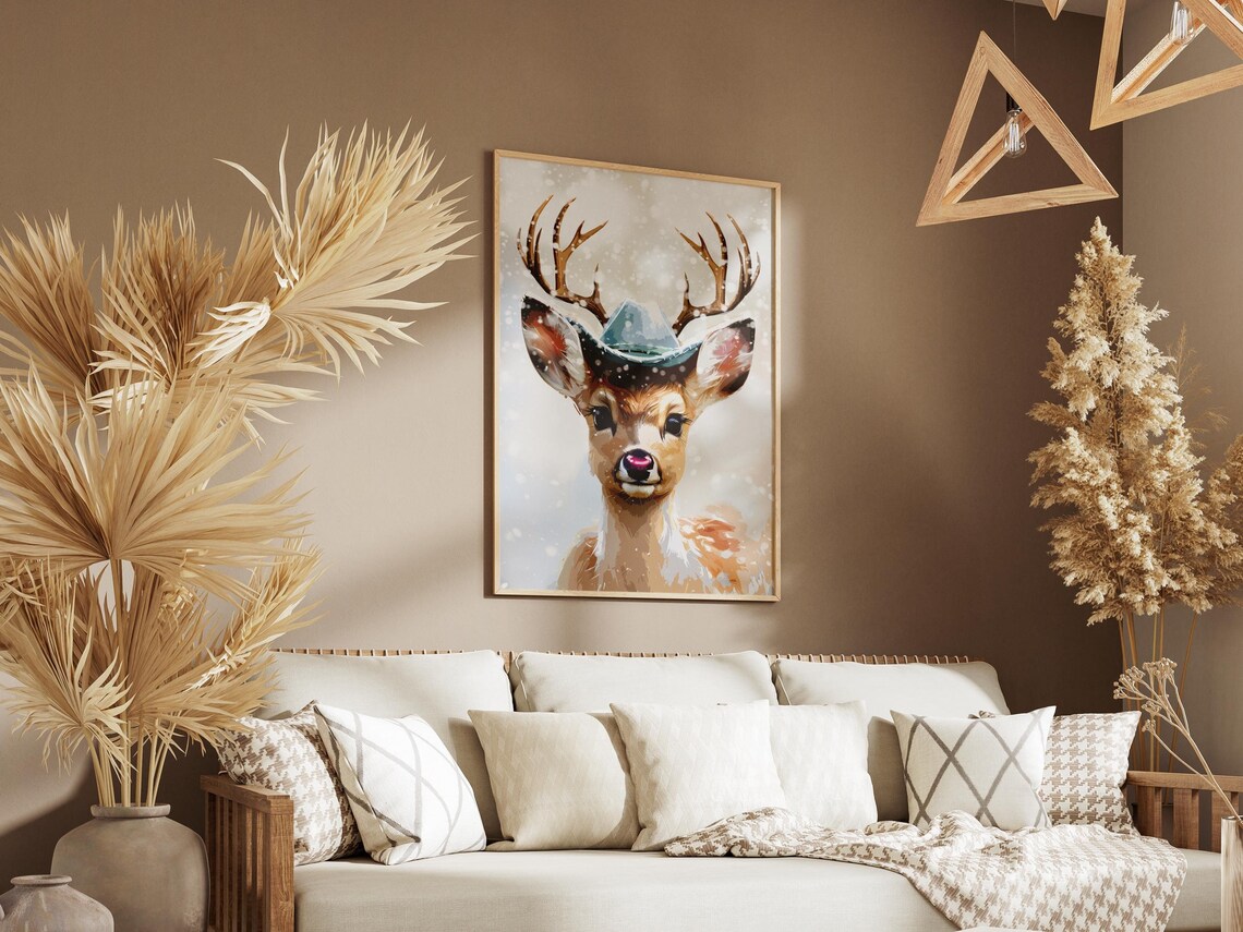 Cute Deer Wearing Cowboy Hat in Snow Adorable Winter Animal Poster