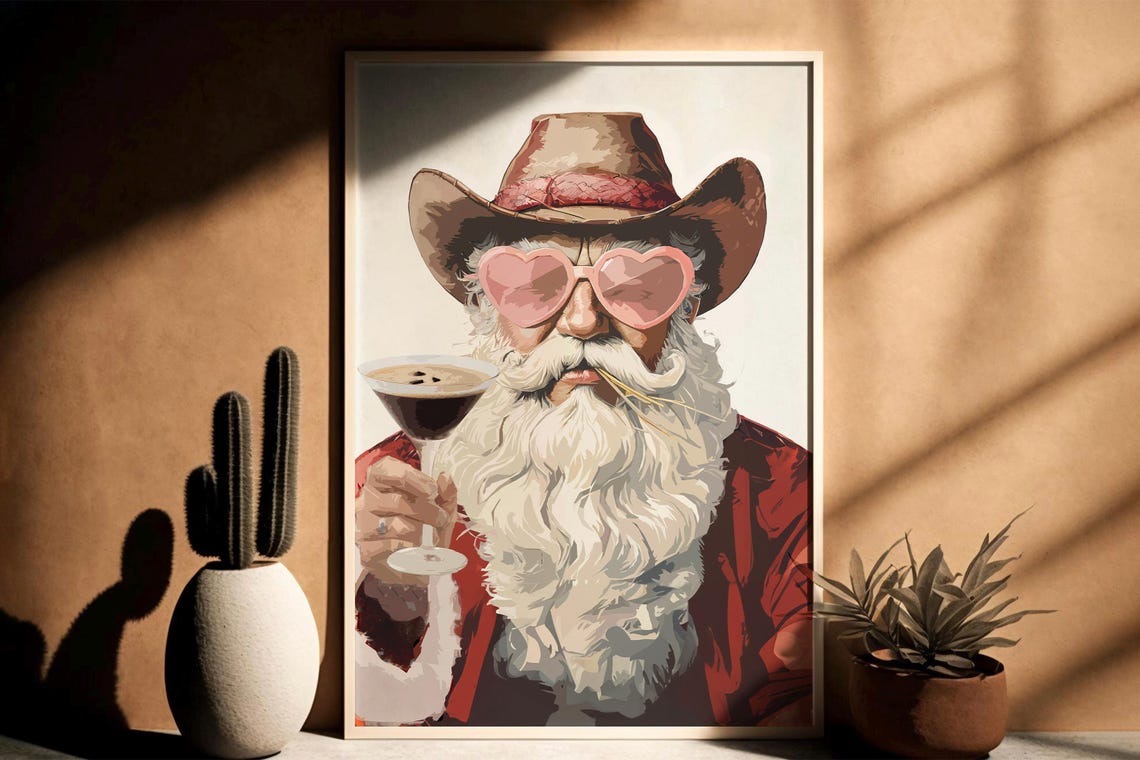 Cool Cowboy Santa with Espresso Martini Funny Holiday Party Poster - Image 3