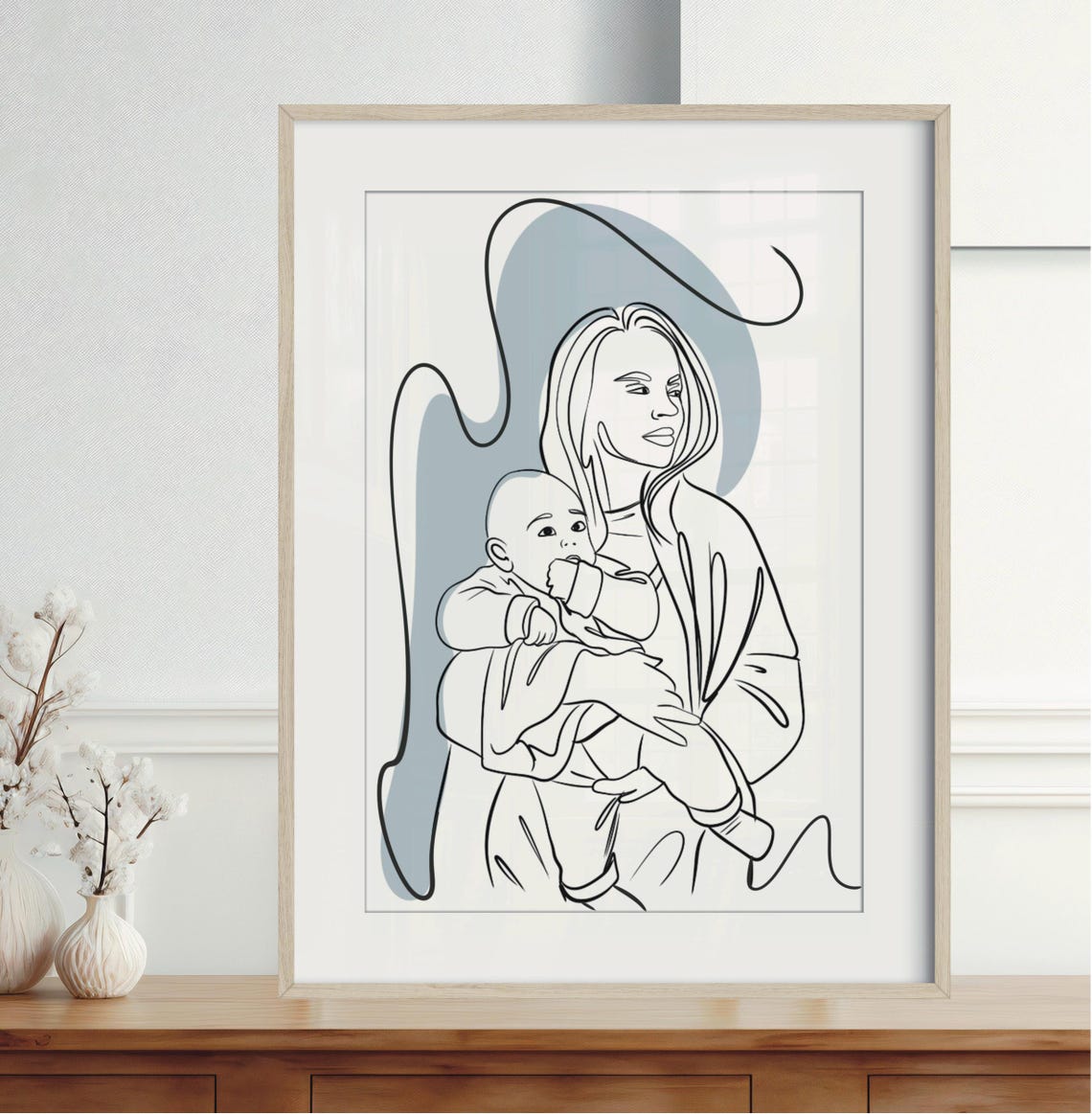Mother Holding Baby Blue Gray Abstract Custom Line Art Poster