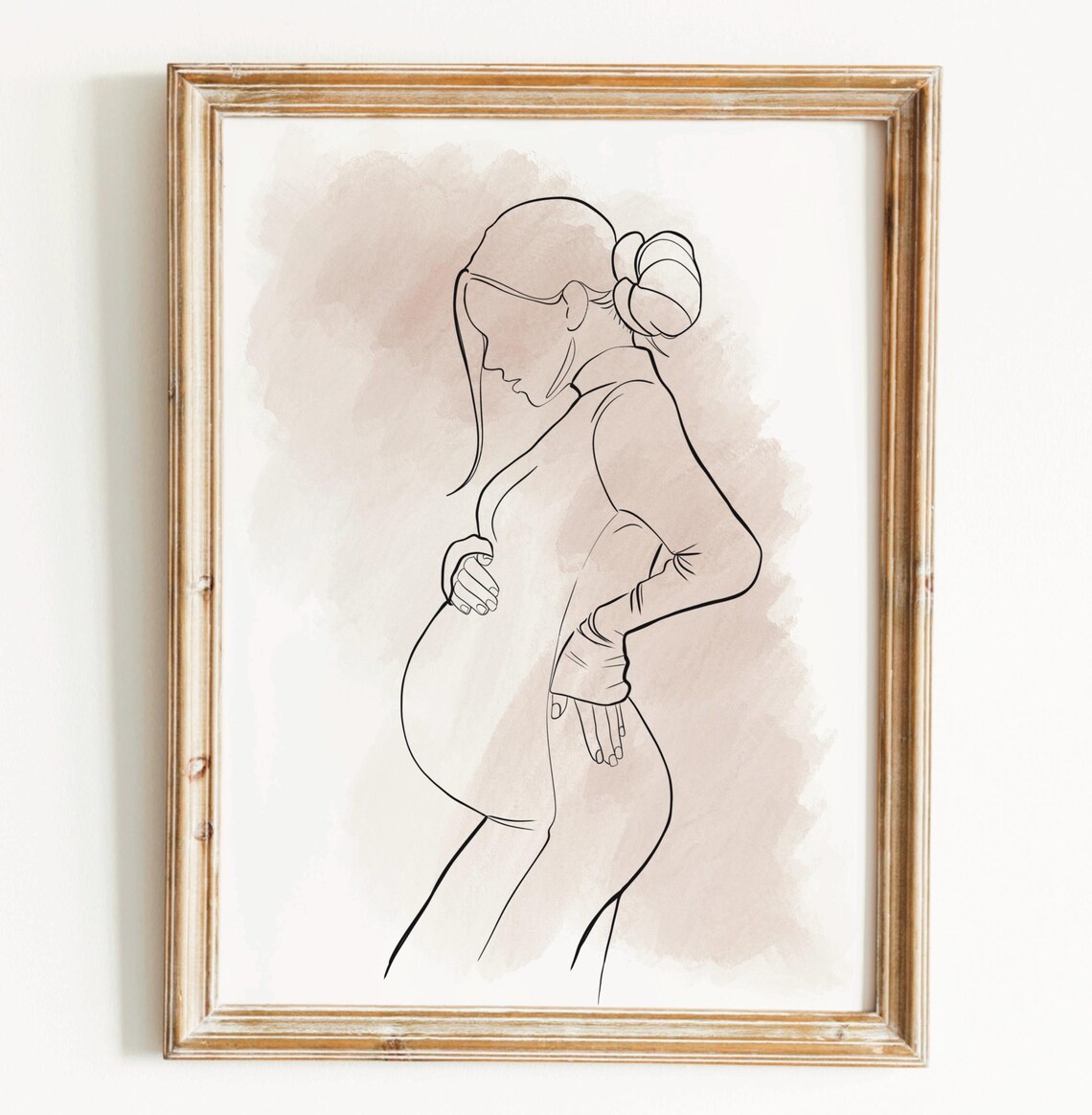Pregnant Woman Profile Blush Watercolor Maternity Line Art Poster