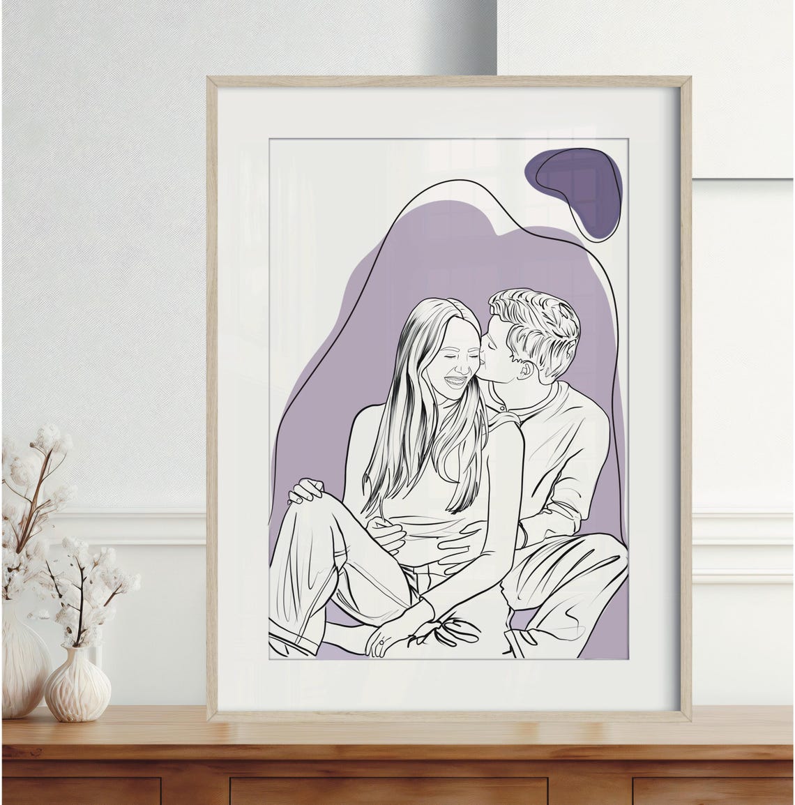 Couple Sitting Cheek Kiss Lavender Abstract Custom Line Art Poster