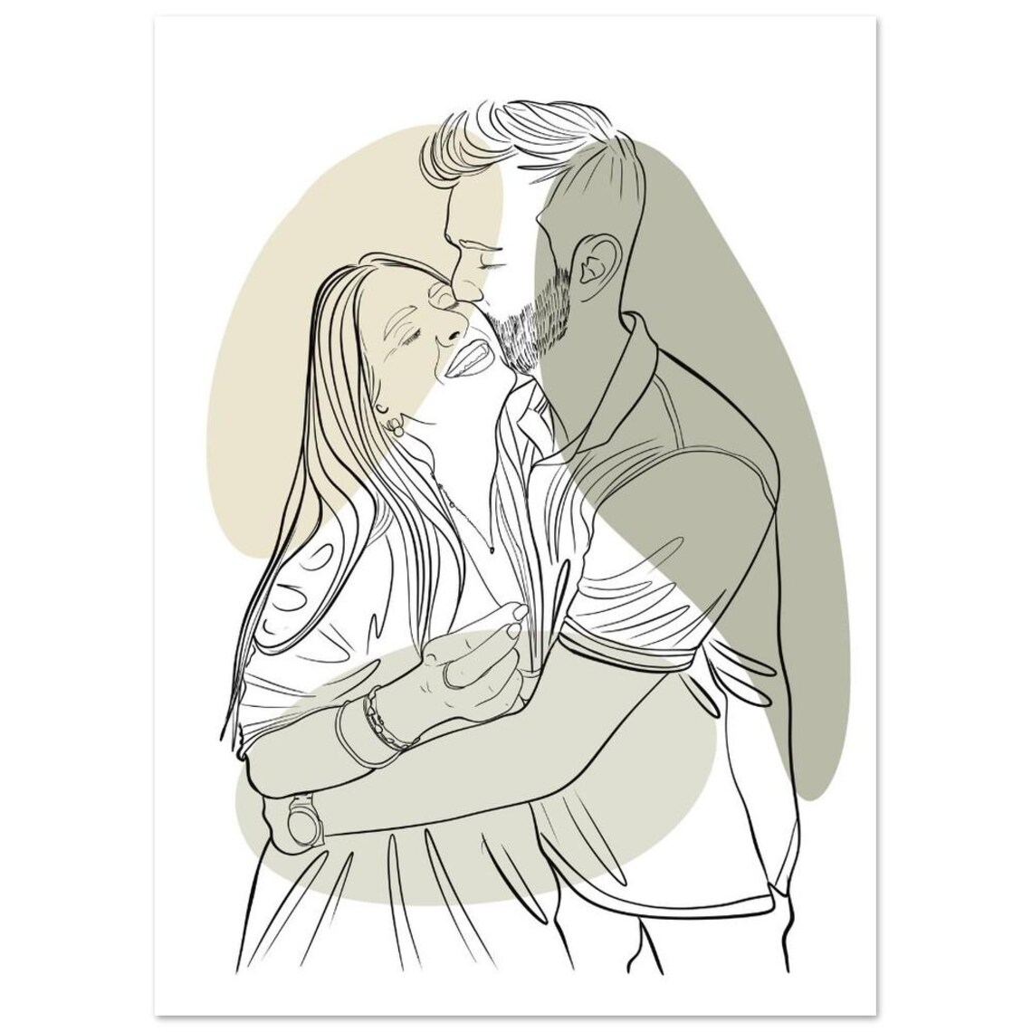 Laughing Couple Embracing Sage Green Custom Line Drawing Poster