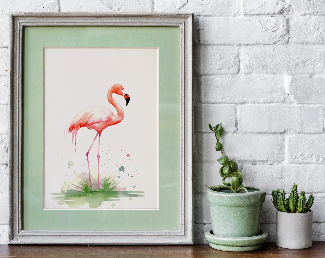 Pink Flamingo Standing Watercolor Nursery Bird Painting Poster - Image 5