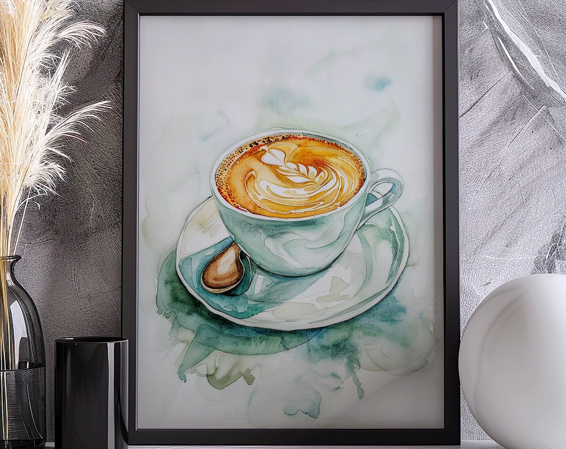 Latte Art Coffee Cup Watercolor Warm Cozy Kitchen Scene Poster - Image 5