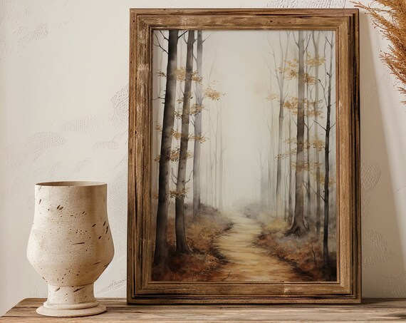 Golden Autumn Forest Path Watercolor Painting Poster for Cozy Fall Decor