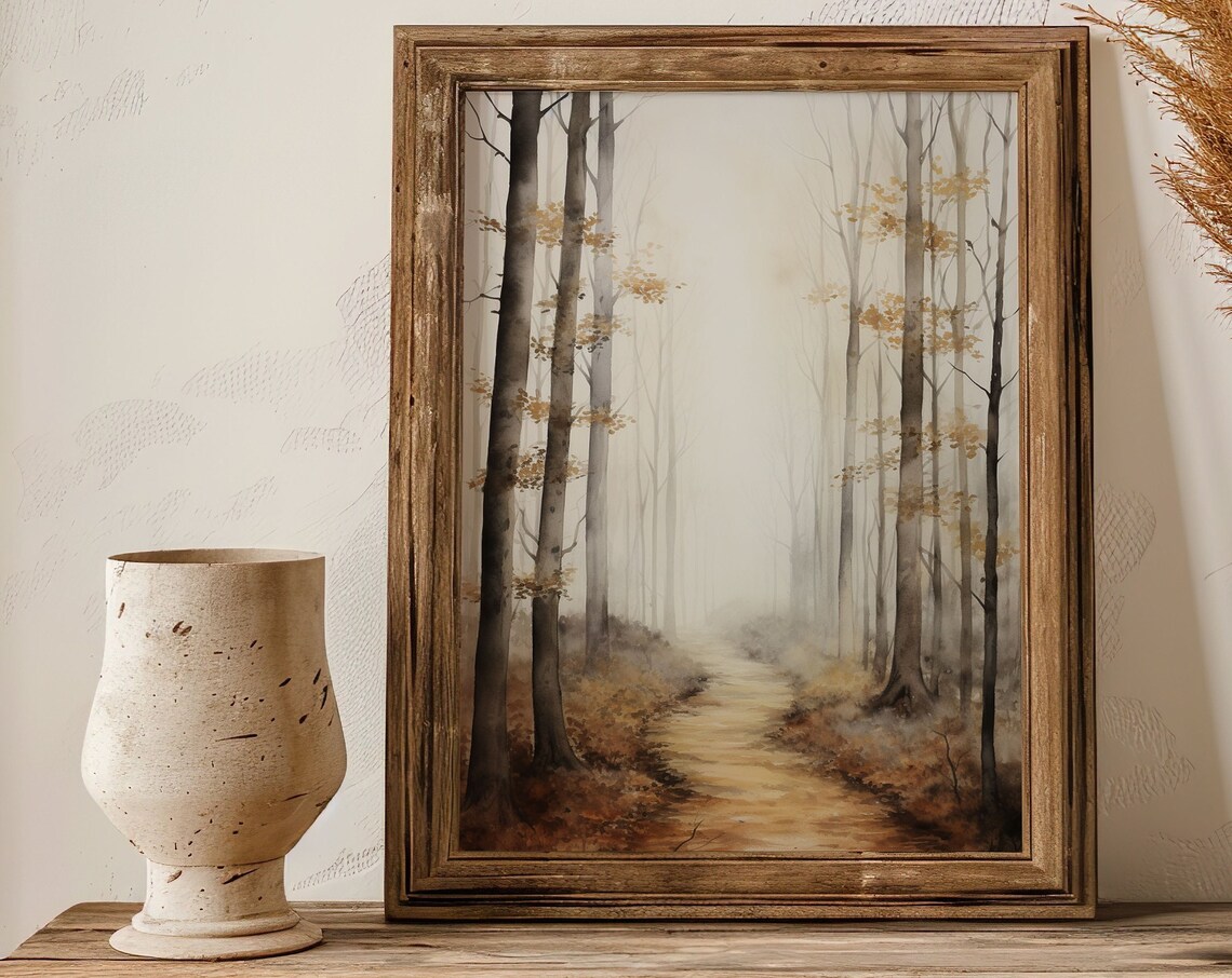 Golden Autumn Forest Path Watercolor Painting Poster for Cozy Fall Decor