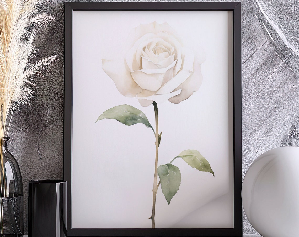 White Rose Single Bloom Classic Watercolor Elegant Floral Art Poster