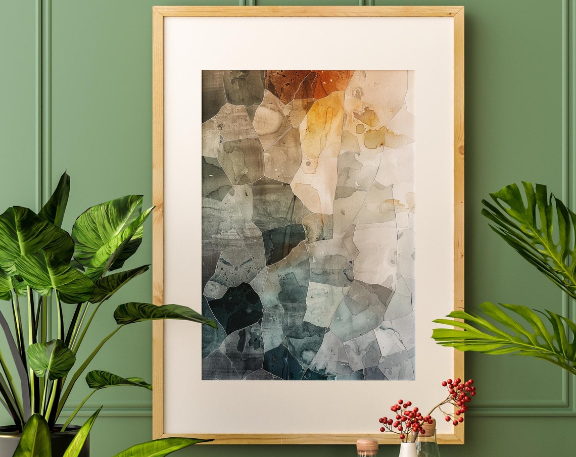 Abstract Stone Mosaic Watercolor Neutral Beige Blue Art Poster - Image 3